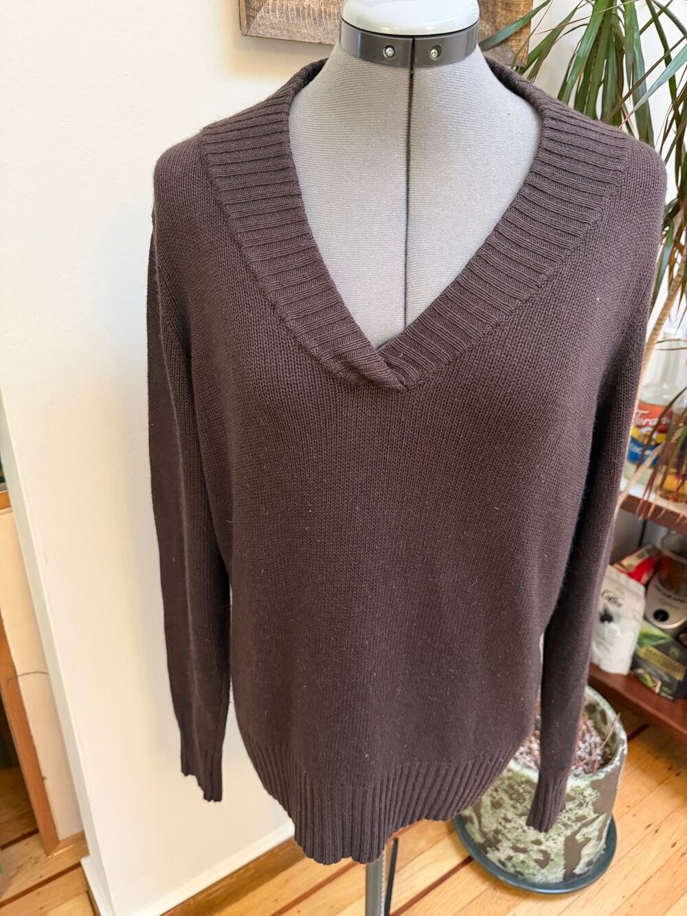 VTG Talbots Silk Cashmere V-Neck Sweater Brown Ribbed XL (fits as modern L)